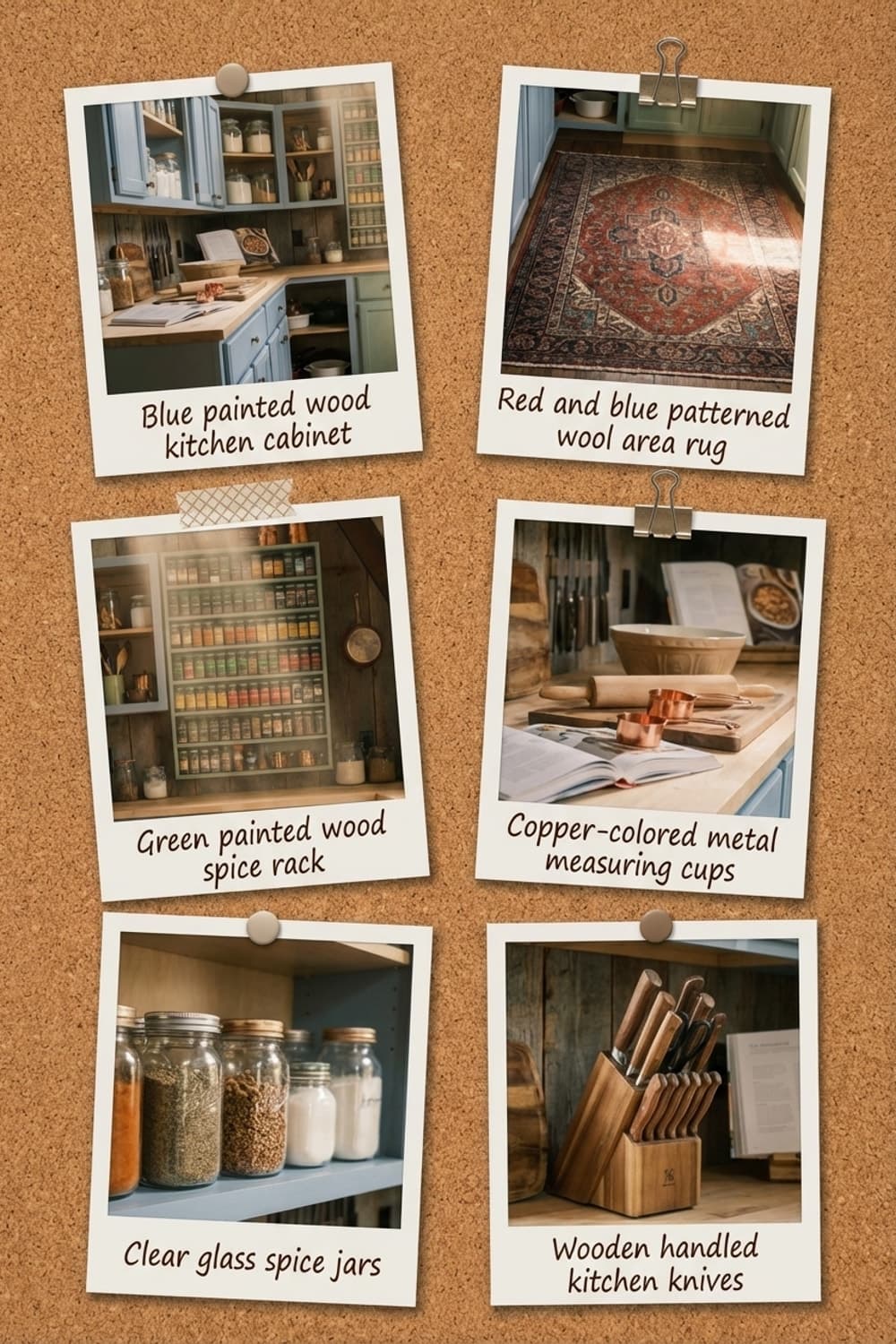 Sunbeam Spice and Ginger Gaze - kitchen, blue cabinets, green cabinets, wood countertop, spice rack - Get the Look Board