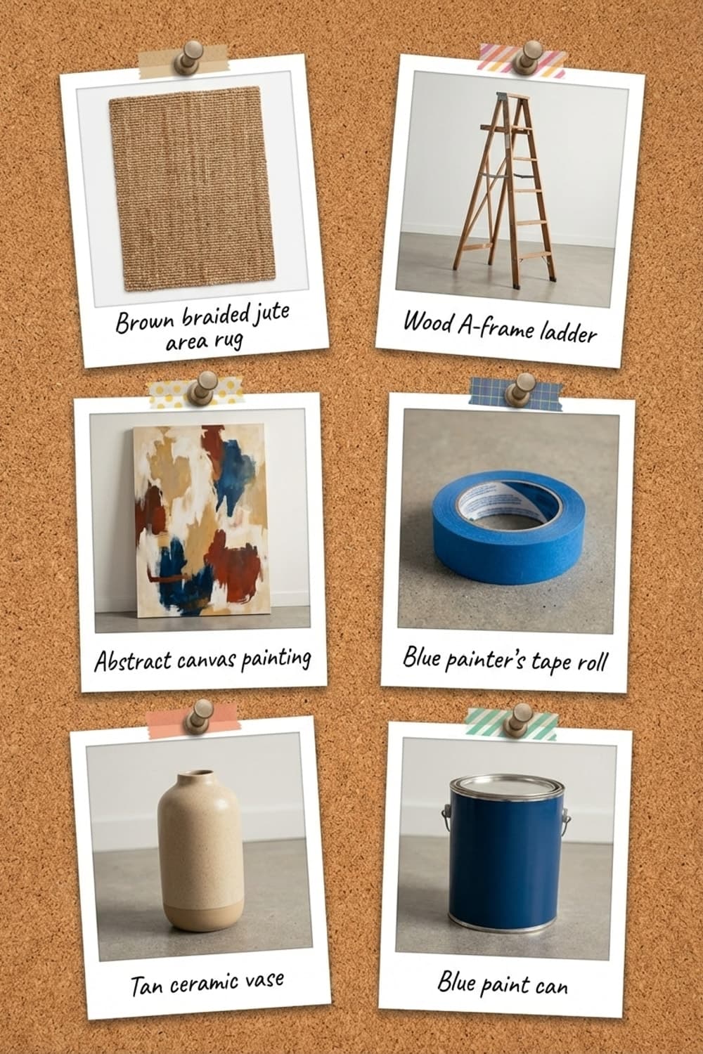 Brushstrokes and Golden Reflections - hallway, abstract art, wooden ladder, jute rug, earth tones - Get the Look Board
