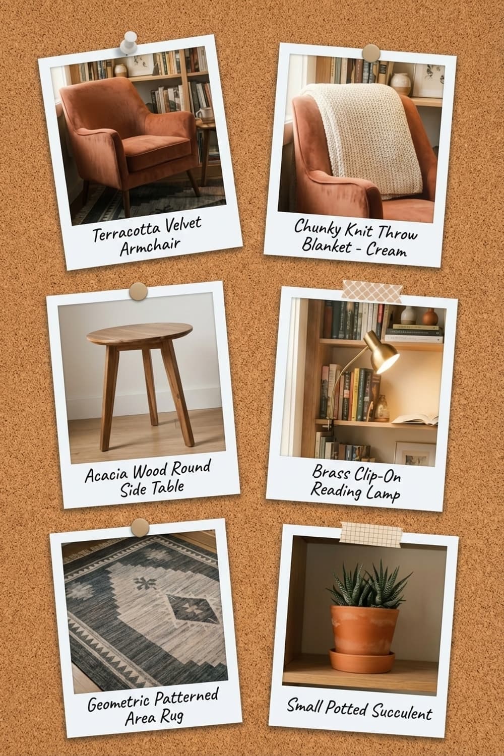 Light on a Page's Curve - reading nook, rust, coral, armchair, bookshelves - Get the Look Board