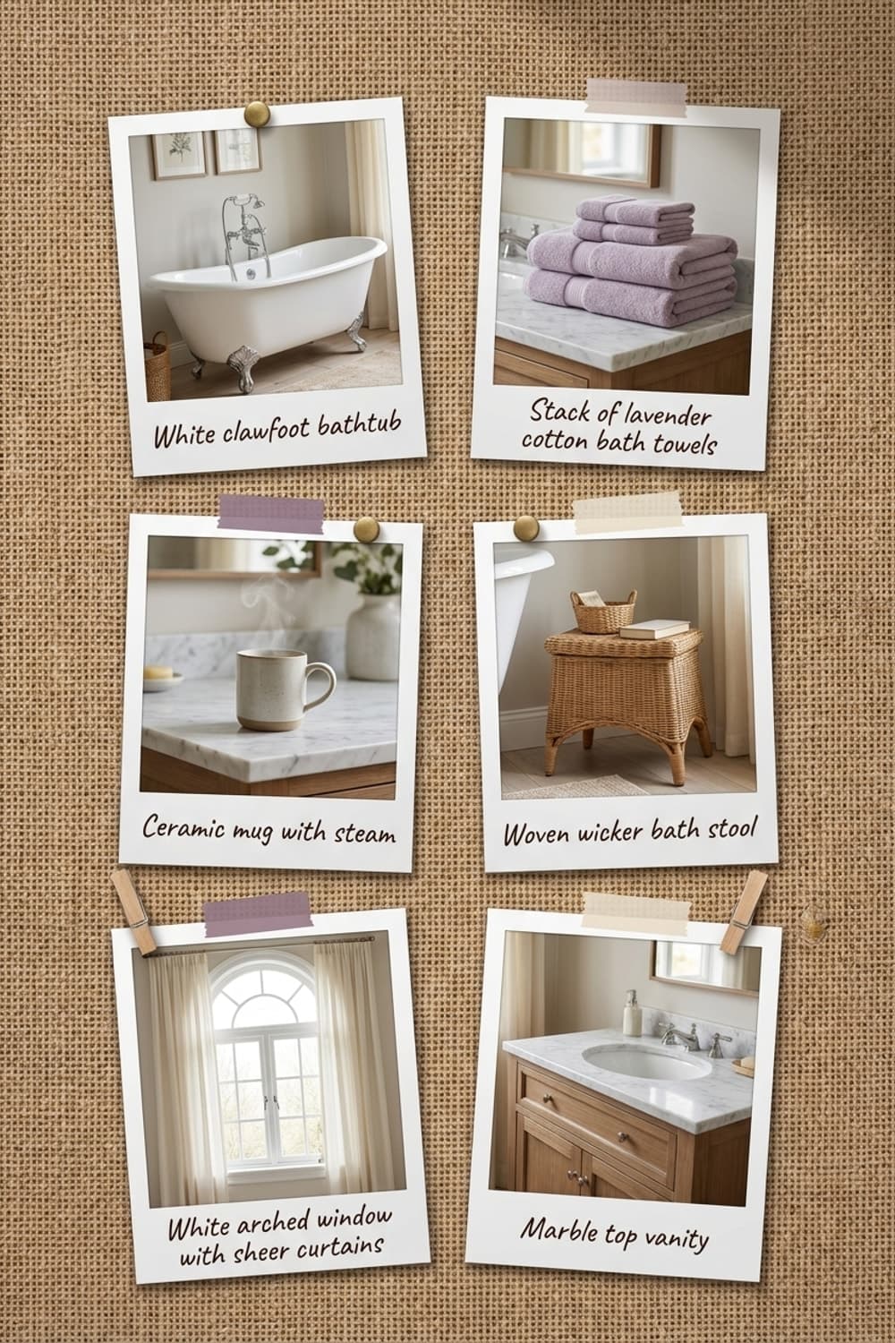 Lavender Musings, Quiet Cascade - bathroom, lavender, white, clawfoot tub, floral wallpaper - Get the Look Board