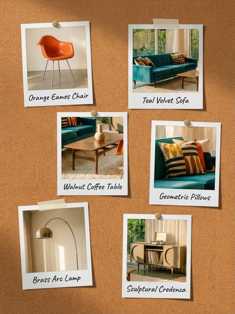 Golden Hour Groove - living room, natural light, teal sofa, mid-century modern, orange chairs - Get the Look Board