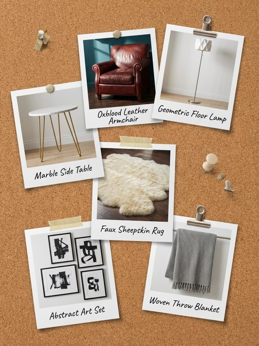 Corner for Cognac and Quiet - reading corner, teal wall, leather armchair, wool rug, modern lamp - Get the Look Board