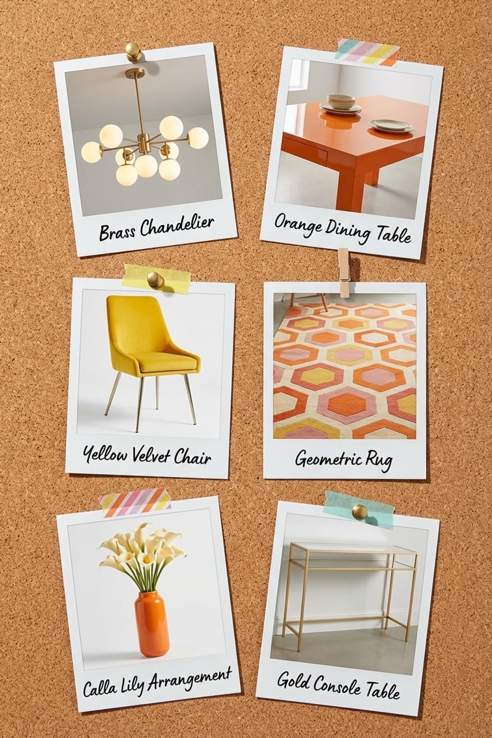 Glimmers Between Garden and Gathering - dining room, orange, yellow, red, modern chandelier - Get the Look Board