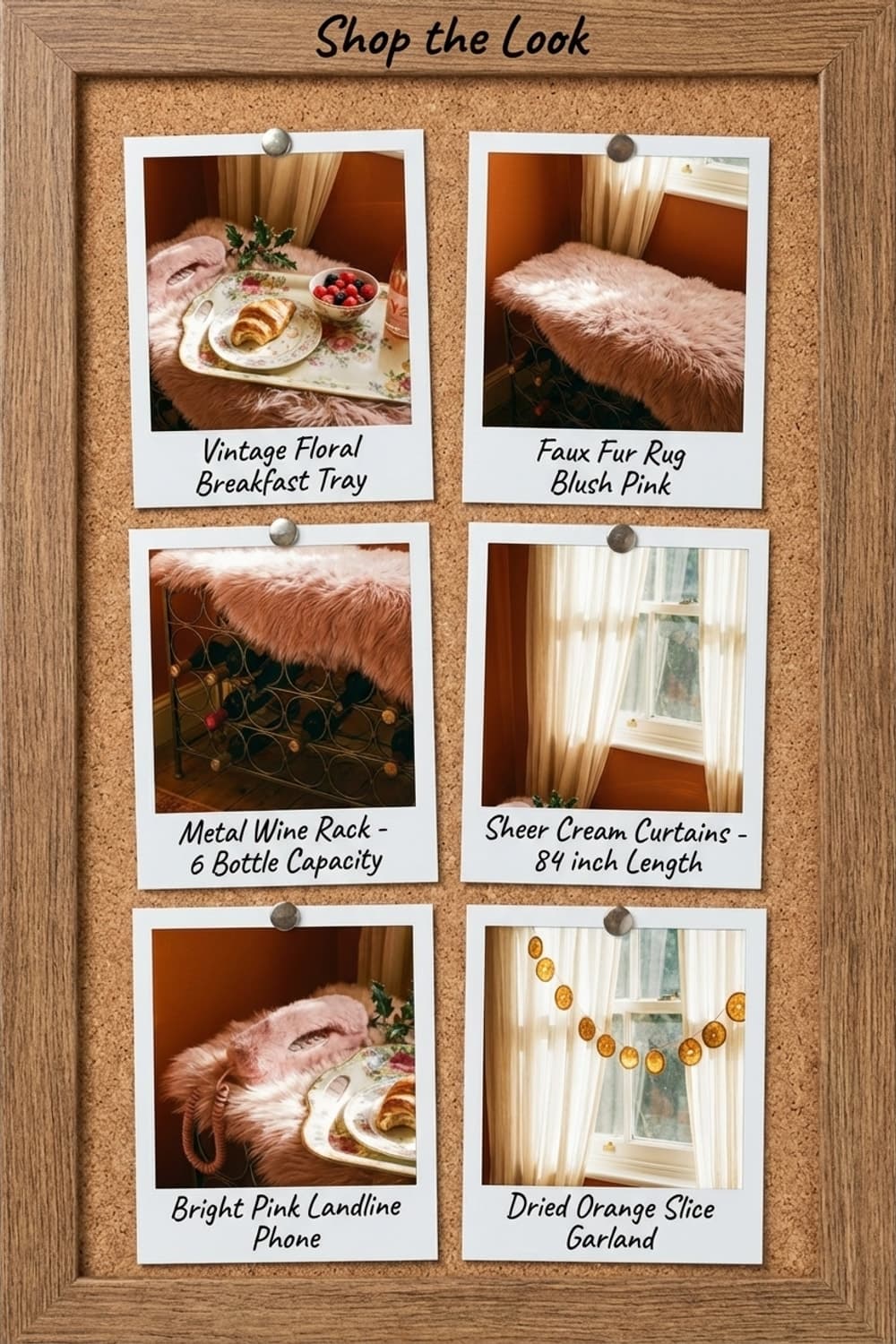 Sunrise and Sparkling Anticipation - breakfast nook, orange walls, pink telephone, rose wine, floral tray - Get the Look Board