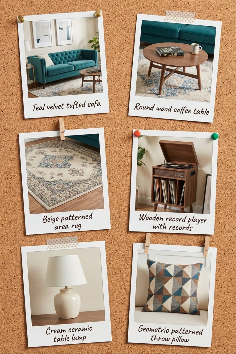 The Unfinished Symphony in Red - living room, red piano, teal sofa, geometric patterns, morning light - Get the Look Board