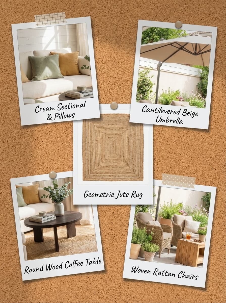 Sun-Drenched Promises - living room, patio, cream, beige, brown - Get the Look Board