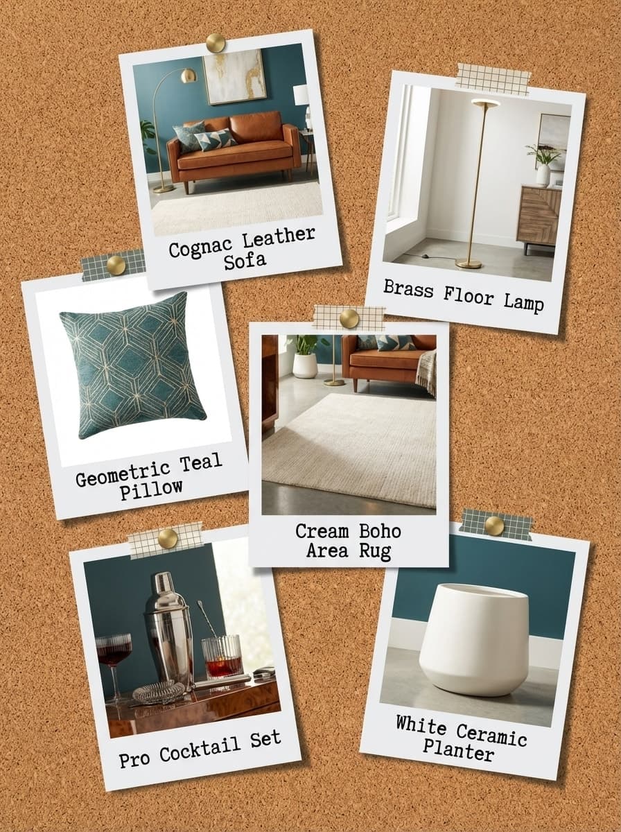 Gleaming Hour Between Tides - living room, teal walls, cognac leather sofa, geometric pillows, gold floor lamp - Get the Look Board