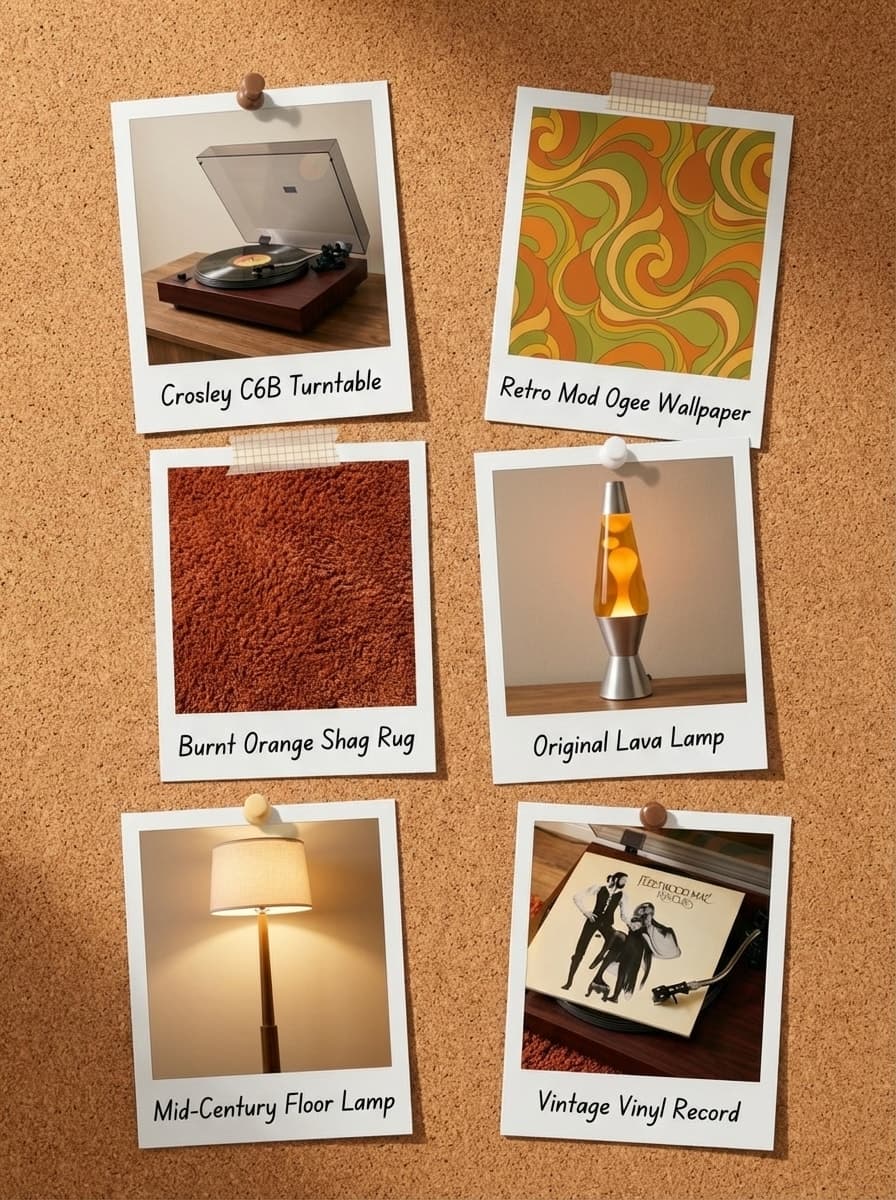 Vinyl's Warmth and Golden Slumber - living room, orange, brown, green, record player - Get the Look Board