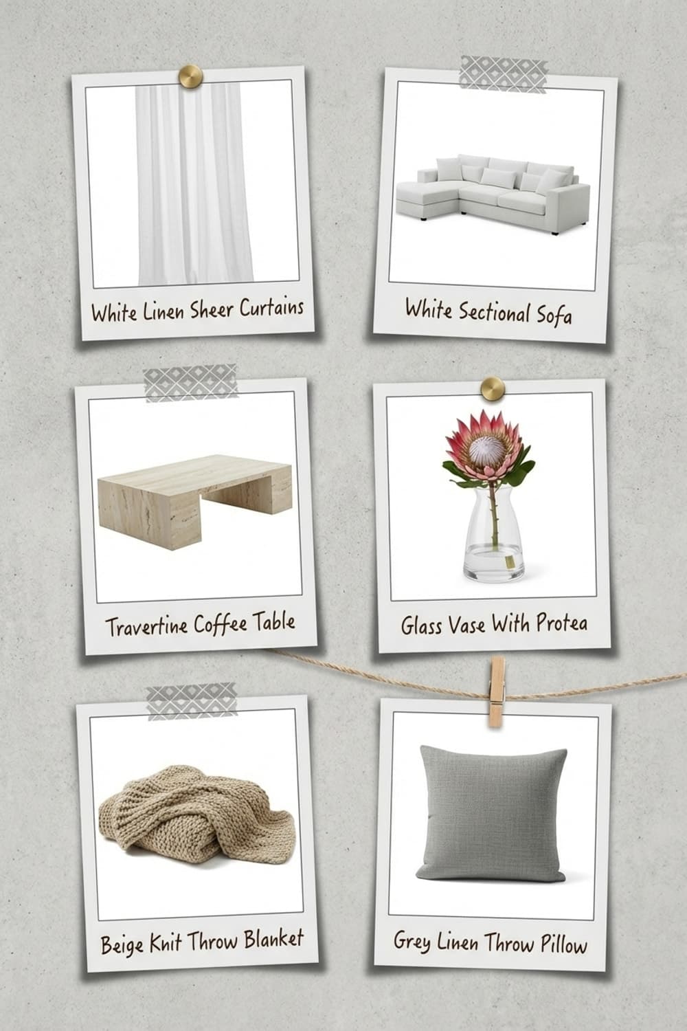 Silence Before the Quiet - living room, neutral palette, white sofa, travertine coffee table, linen curtains - Get the Look Board