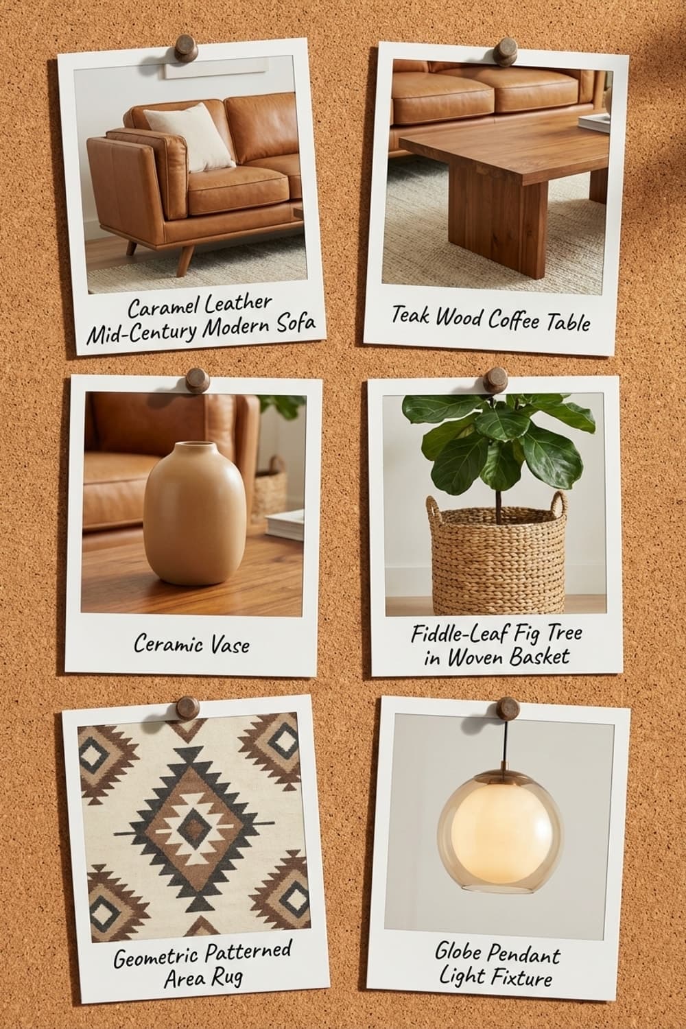 Sunset's Echo in Leather and Wood - living room, sunset colors, brown leather sofa, wooden coffee table, patterned rug - Get the Look Board