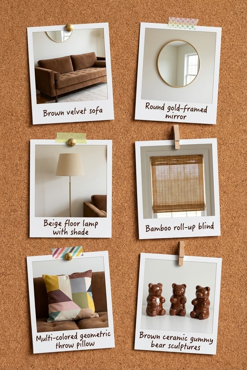 Amber Light, Lazy Morning Promise - dining room, living room, brown sofa, wooden table, warm light - Get the Look Board