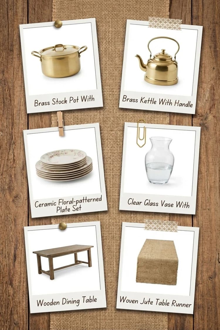 The Gardener's Work is Done - kitchen, earth tones, brass pots, ceramic plates, wooden table - Get the Look Board