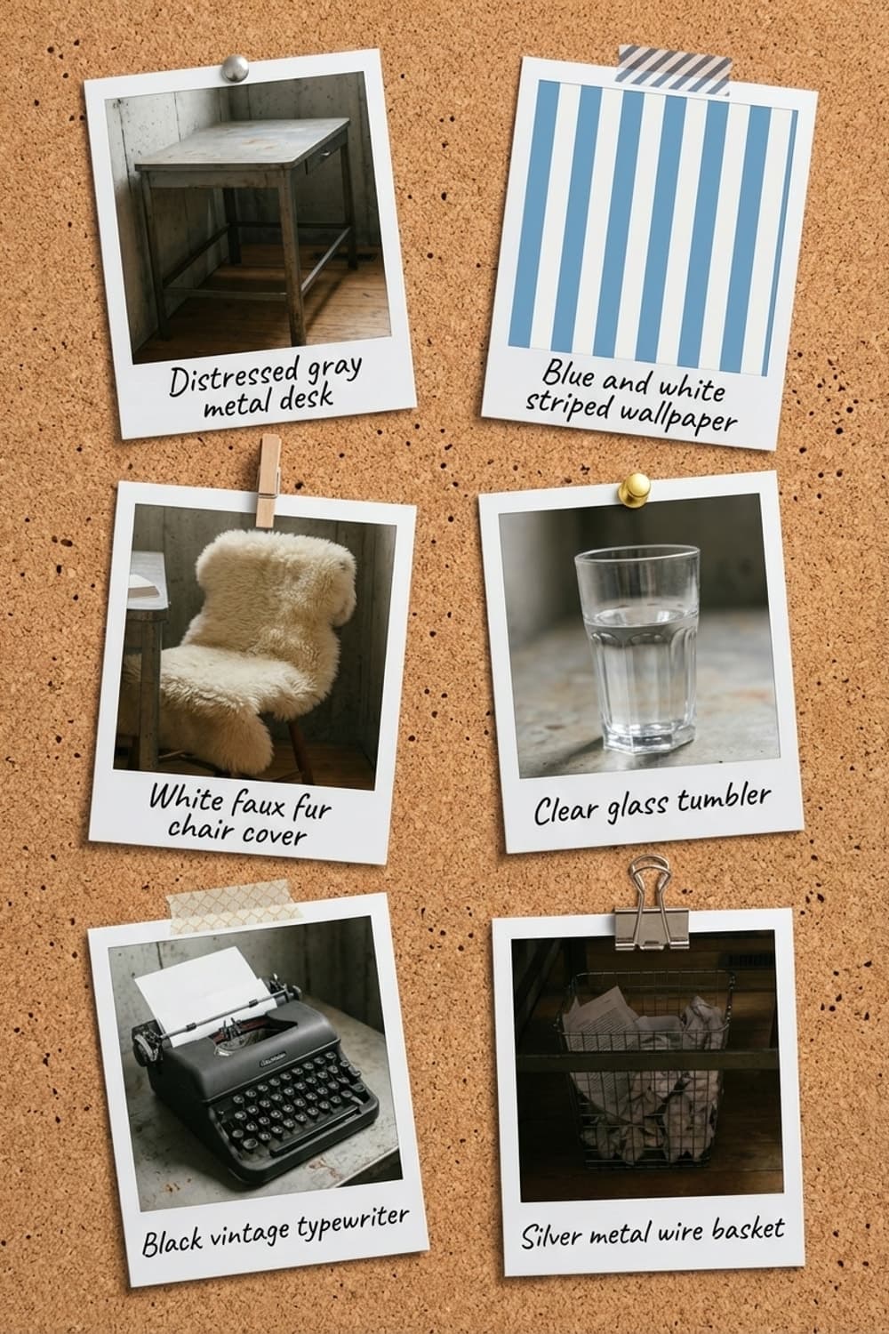 Sanctuary Between Concrete and Stripes - attic room, concrete walls, blue and white stripes, wooden desk, sheepskin chair - Get the Look Board