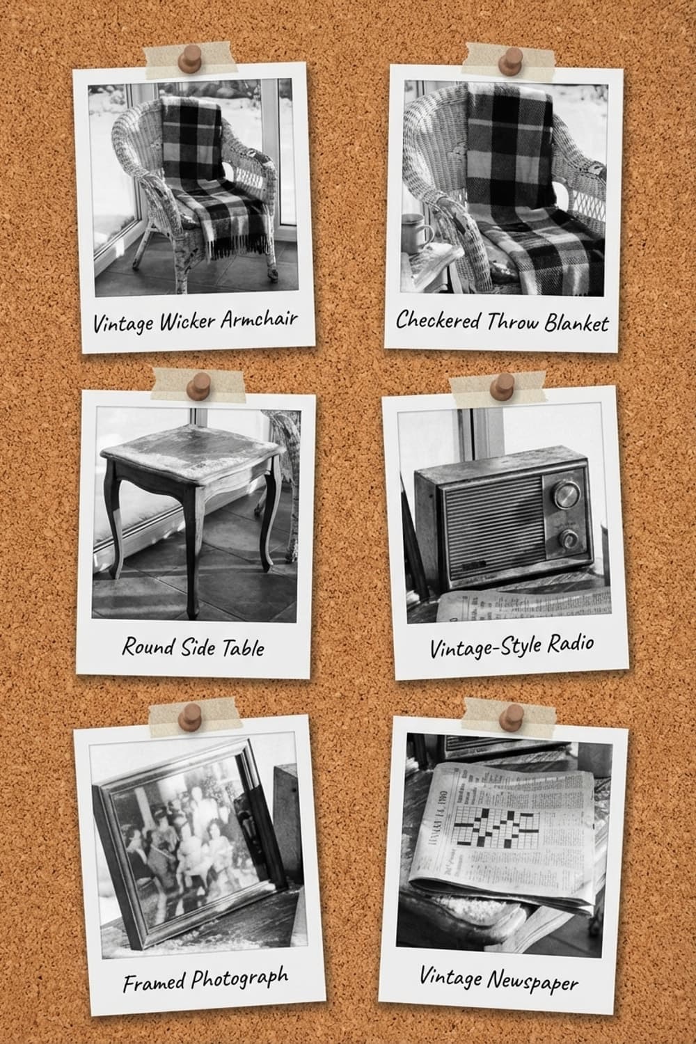 Winter Light, Inside Voices - sunroom, black and white, wicker chair, wooden table, radio - Get the Look Board