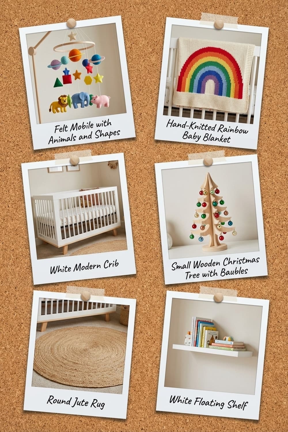 Dreams Woven in Felt and Light - nursery, crib, mobile, rainbow blanket, wooden tree - Get the Look Board