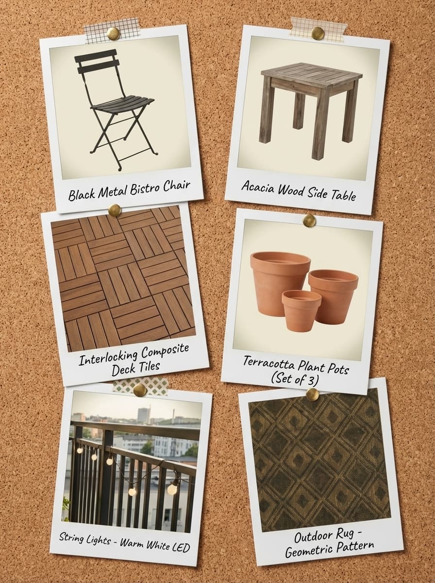 Balcony Threads and City Dreams - balcony, urban, city view, brown, green - Get the Look Board