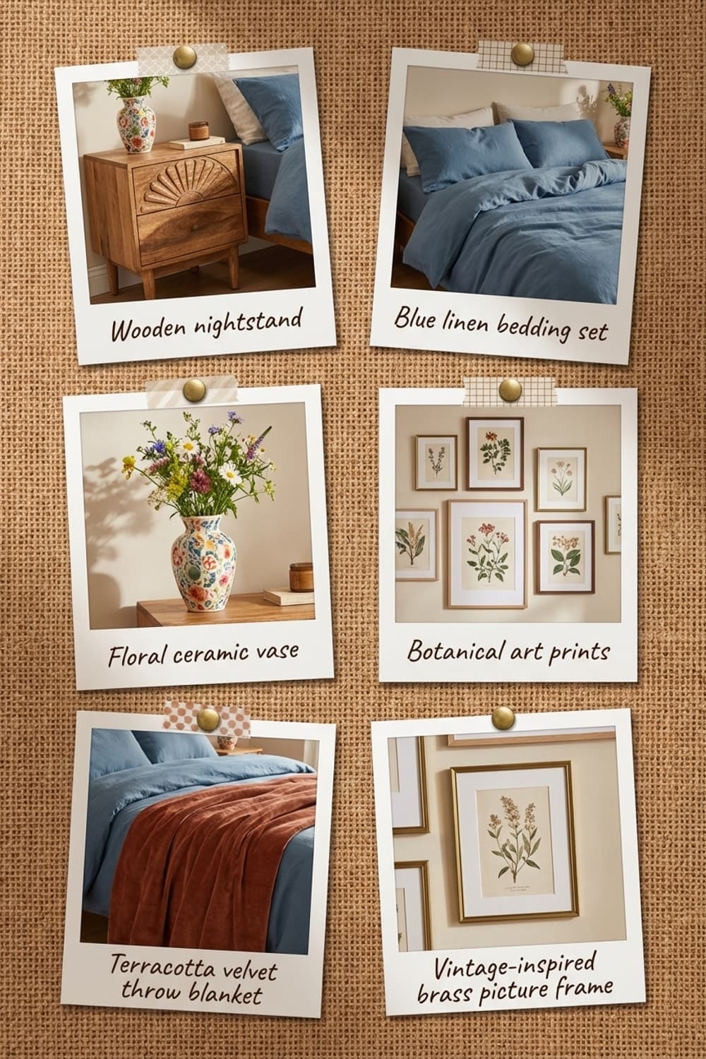 Ready to call in sick? - bedroom, rust, blue, linen bedding, wooden nightstand - Get the Look Board