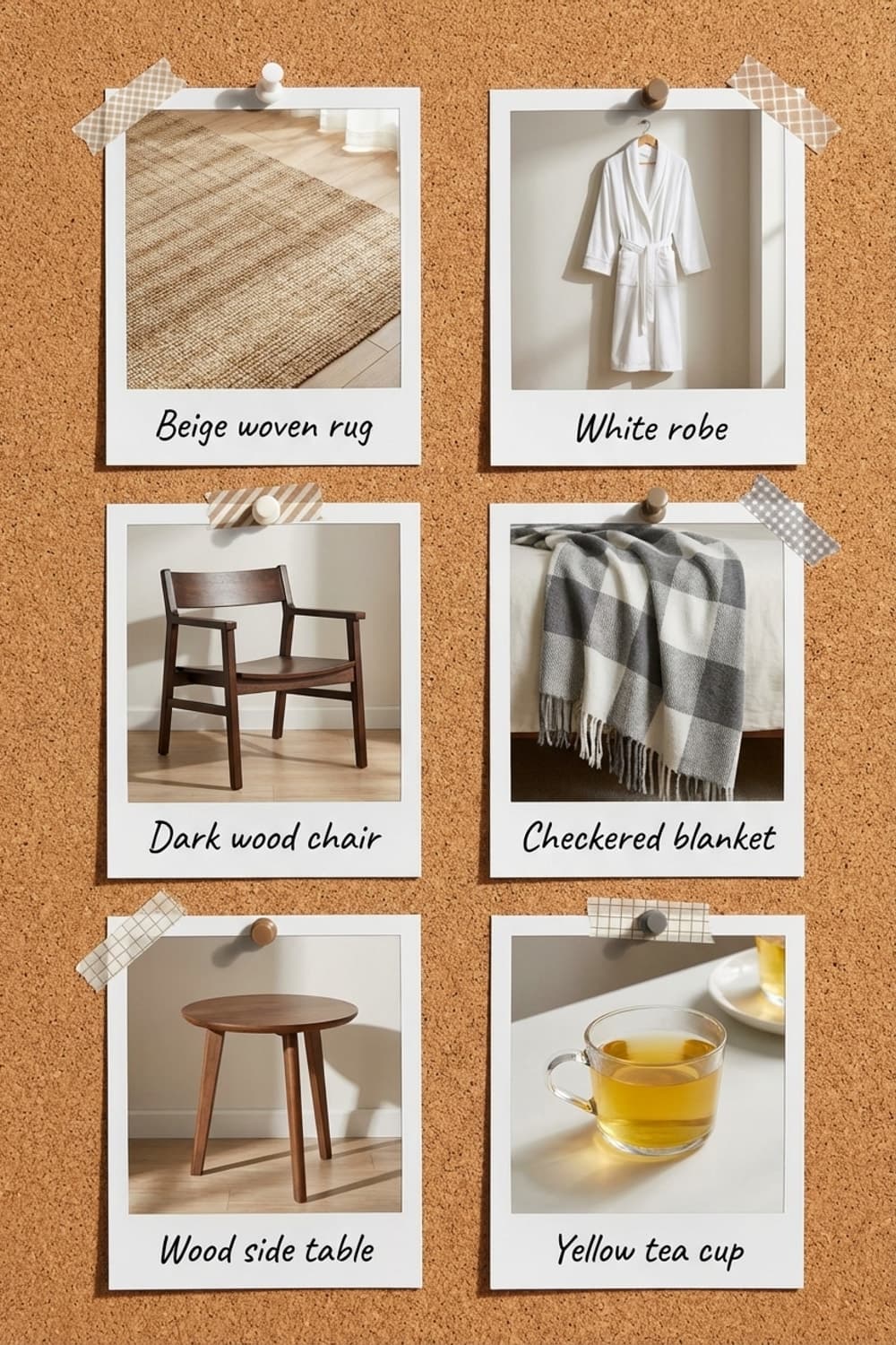 Golden Stripes and Silent Company - Living room, Neutral tones, Brown tabby cat, Wooden chair, Striped rug - Get the Look Board