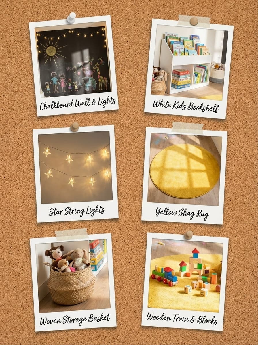 Chalk Sun in a Child's Dream - playroom, kids room, yellow rug, chalkboard wall, star string lights - Get the Look Board