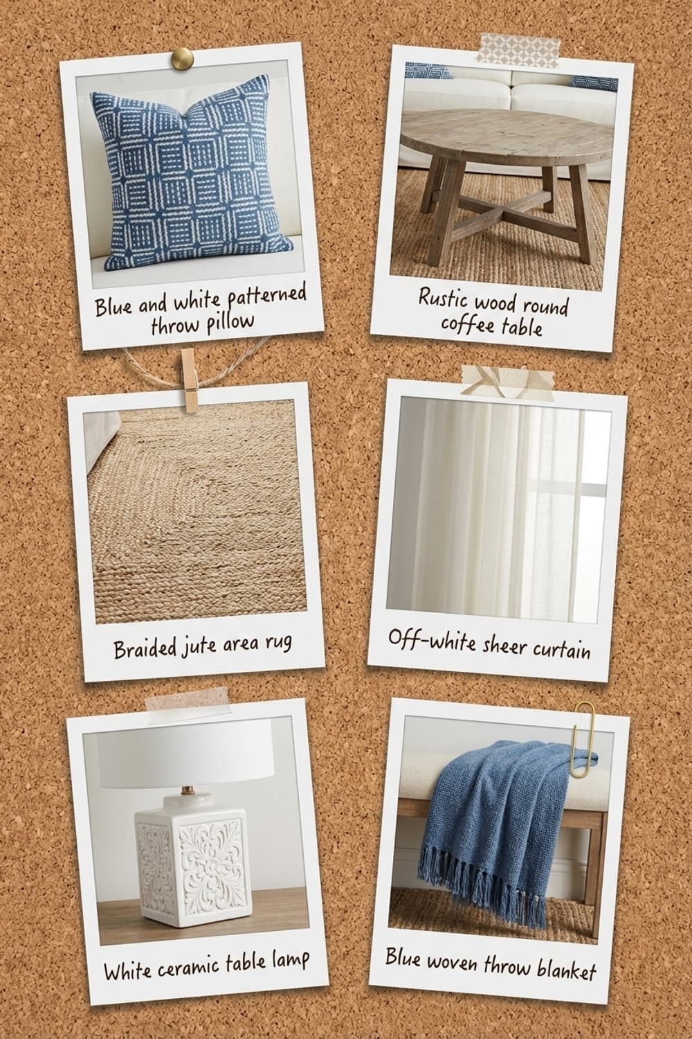 Slow News, Soft Light - reading nook, white, indigo, round wood table, jute rug - Get the Look Board