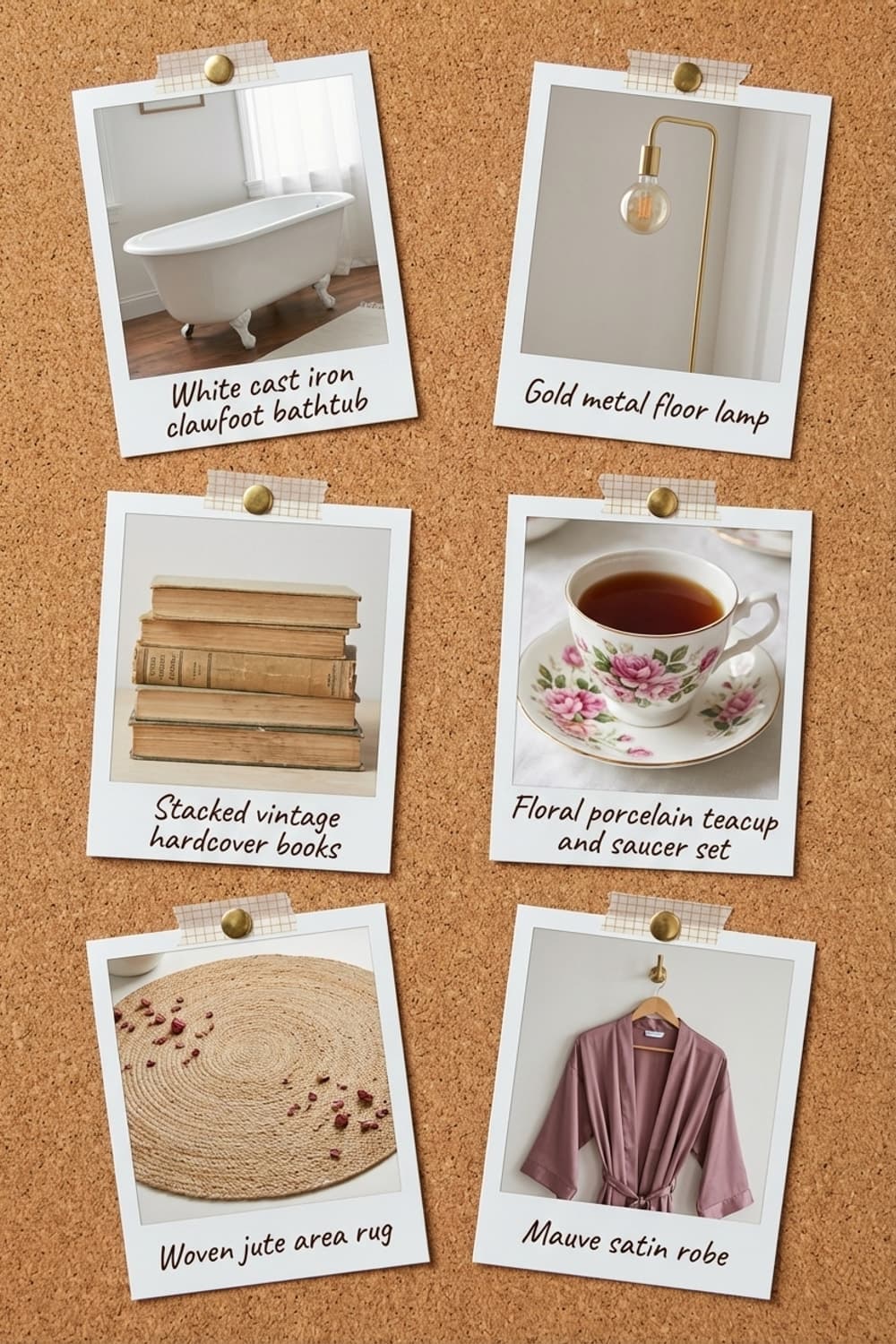Petals in Porcelain and Steam - bathroom, clawfoot tub, pink, gold accents, woven rug - Get the Look Board