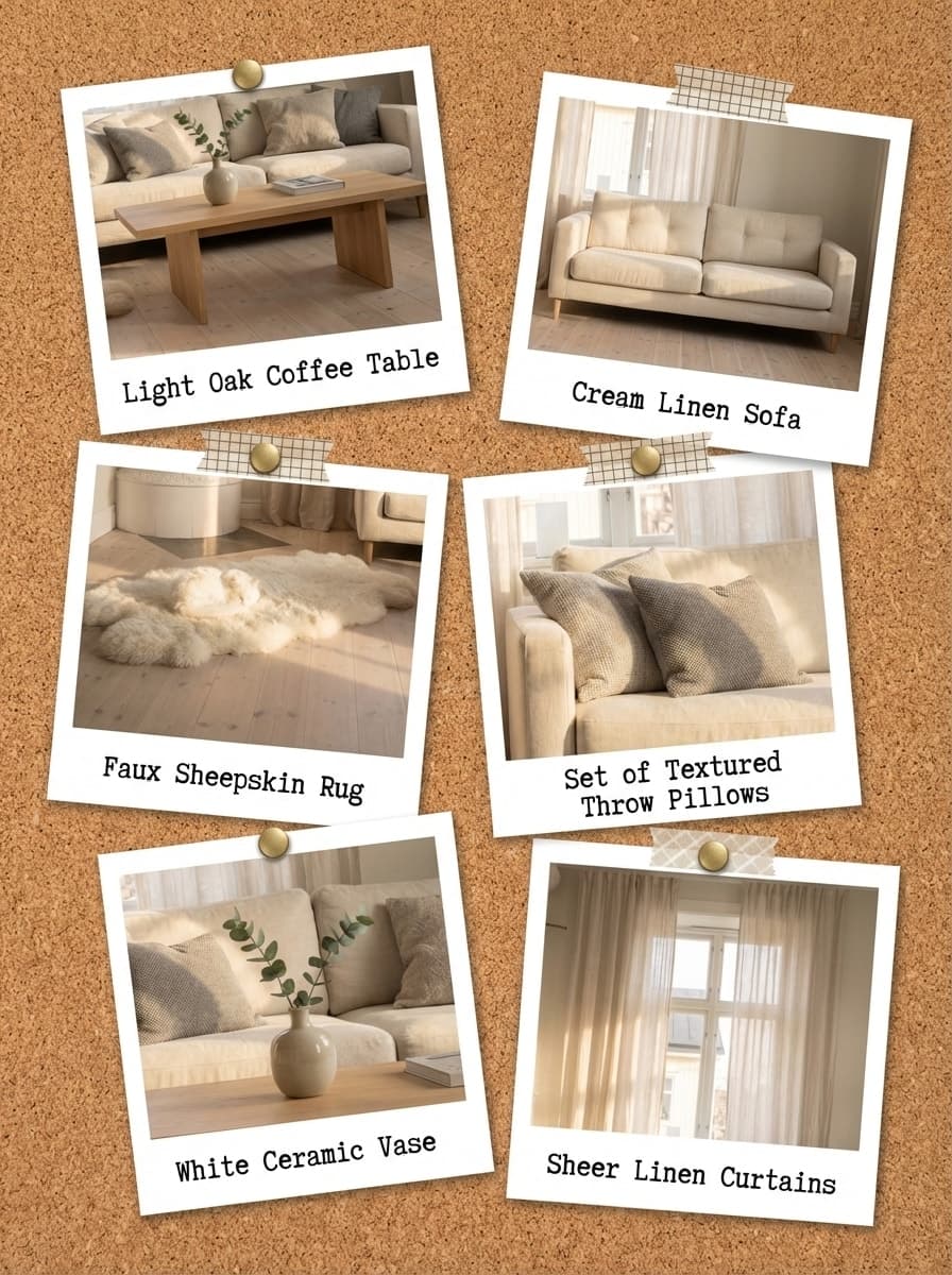 Sun-Drenched Stillness, Softly Spoken - living room, beige, white, light wood, cream - Get the Look Board