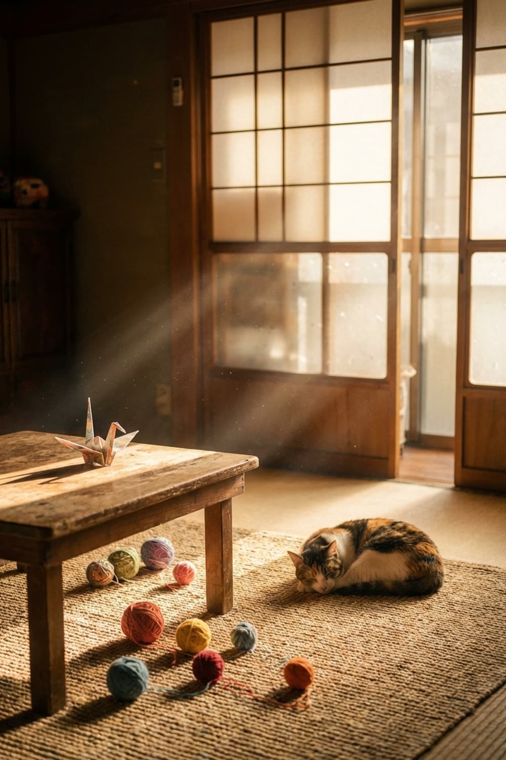 Amber Naps, Origami Dreams - living room, cat, calico, tan rug, wooden table - Room Inspiration