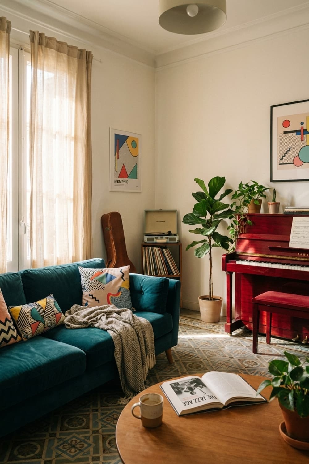 The Unfinished Symphony in Red - living room, red piano, teal sofa, geometric patterns, morning light - Room Inspiration