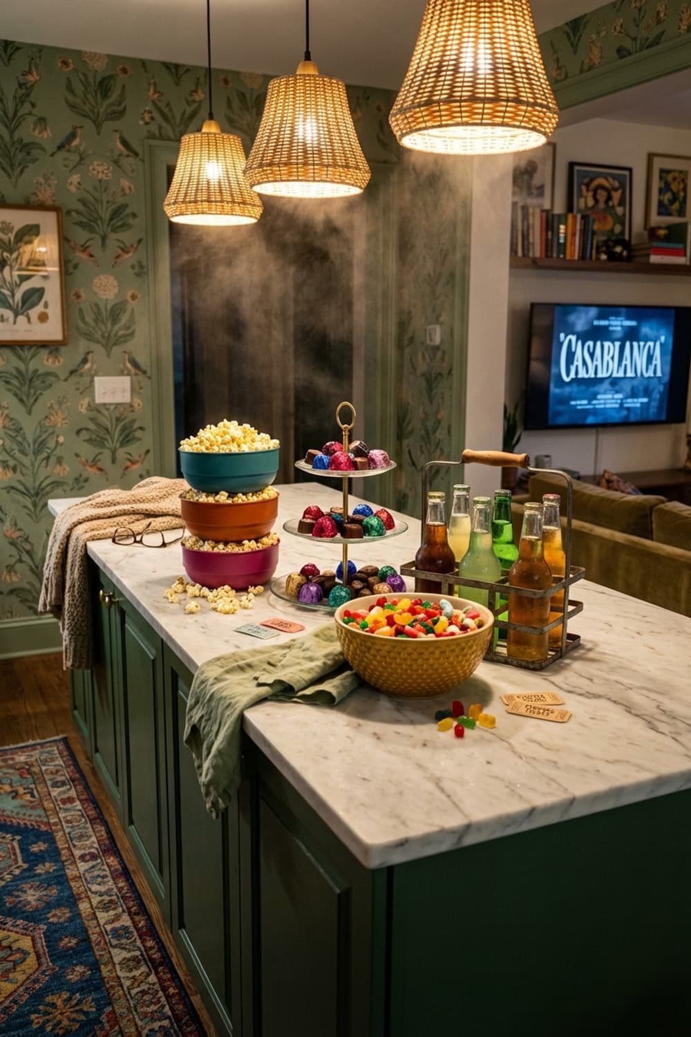 Smoke and Casablanca - kitchen, green, marble, woven pendants, snacks - Room Inspiration