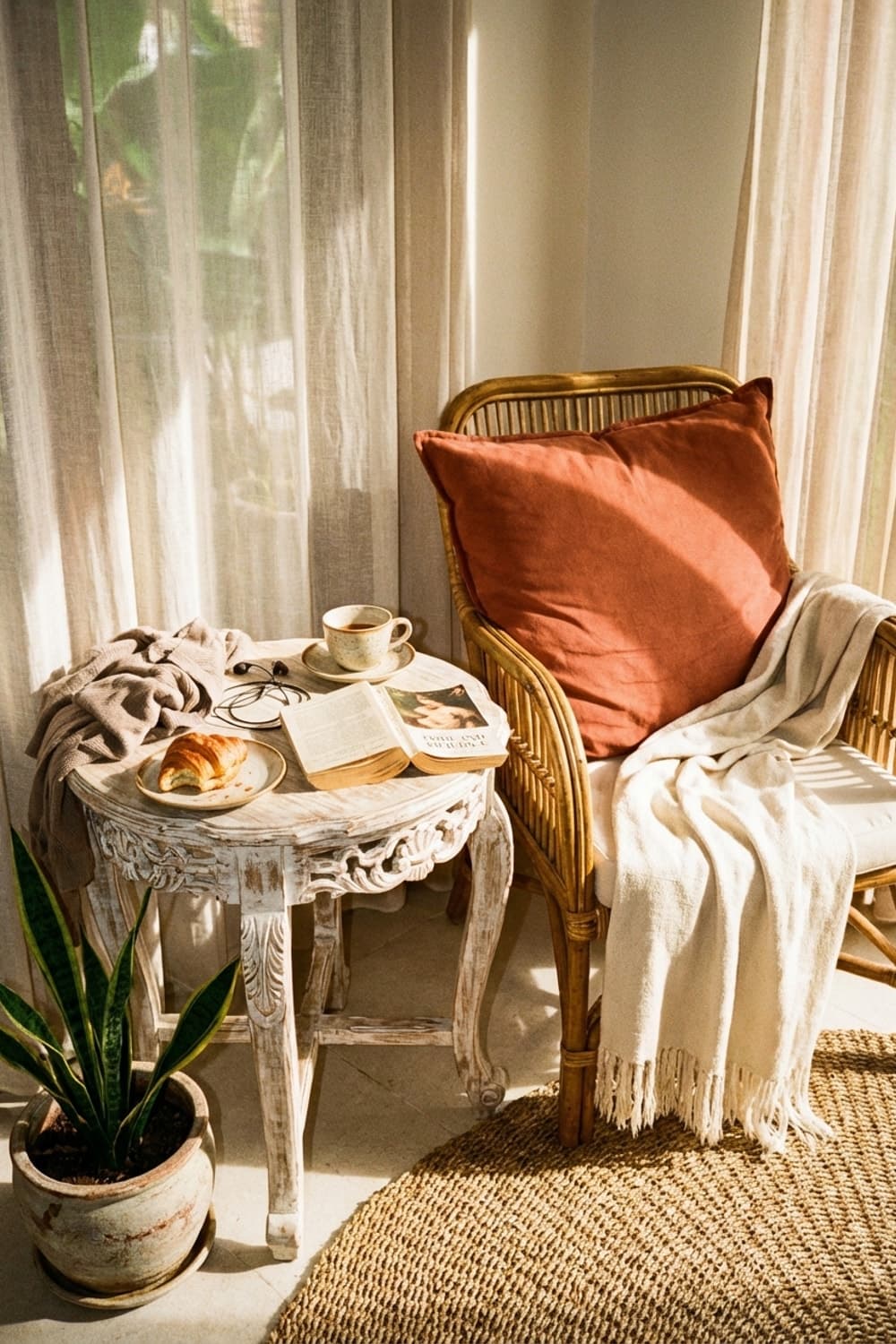 Sunrise and the Weight of Pages - reading nook, rattan chair, terracotta, linen throw, round jute rug - Room Inspiration