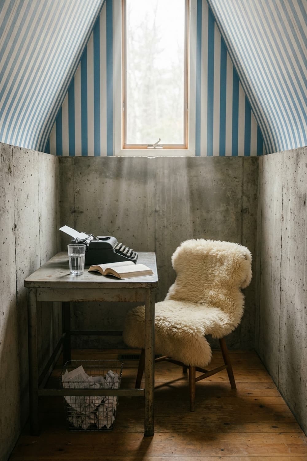 Sanctuary Between Concrete and Stripes - attic room, concrete walls, blue and white stripes, wooden desk, sheepskin chair - Room Inspiration