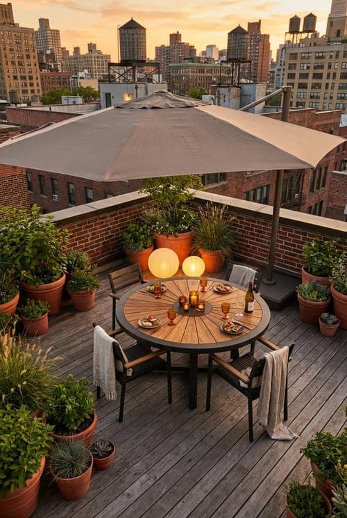 City Light, Rooftop Glow. - outdoor dining, rooftop garden, brown