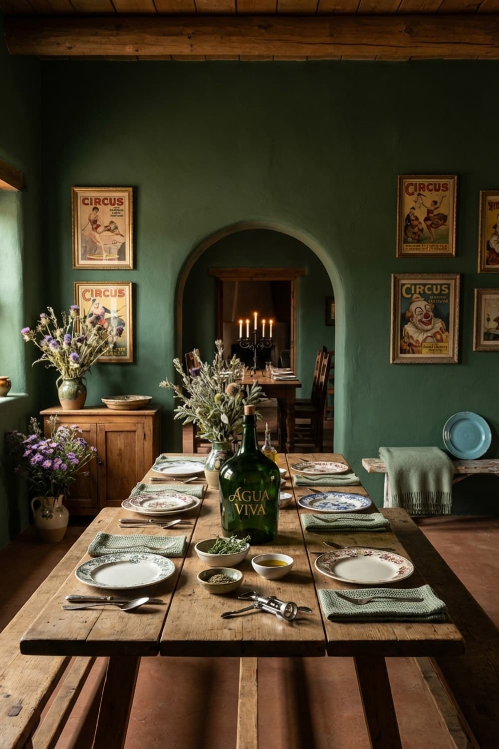 Ready to put your phone down? - dining room, green walls, wooden table, candle light, vintage posters - Room Inspiration