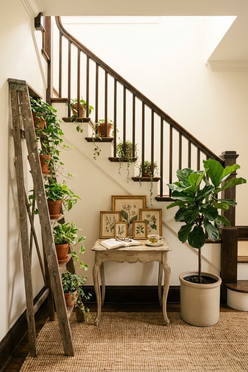 A Stairway Serenade of Green - staircase, entryway, brown, green, beige - Room Inspiration