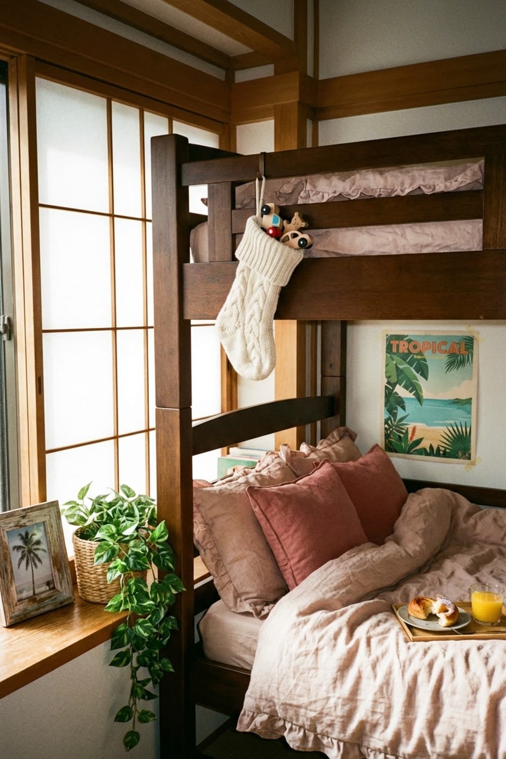 Sweet Dreams on Wooden Beams - bedroom, bunk bed, wooden furniture, pink, linen - Room Inspiration