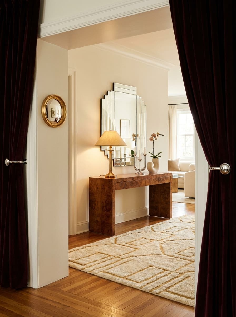 The Curtain Call of Day - entryway, hallway, brown, beige, burgundy - Room Inspiration