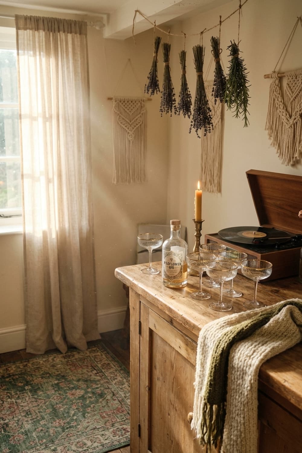 Aromatic Air and Golden Hour - living room, golden light, dried herbs, vintage glassware, wooden cabinet - Room Inspiration