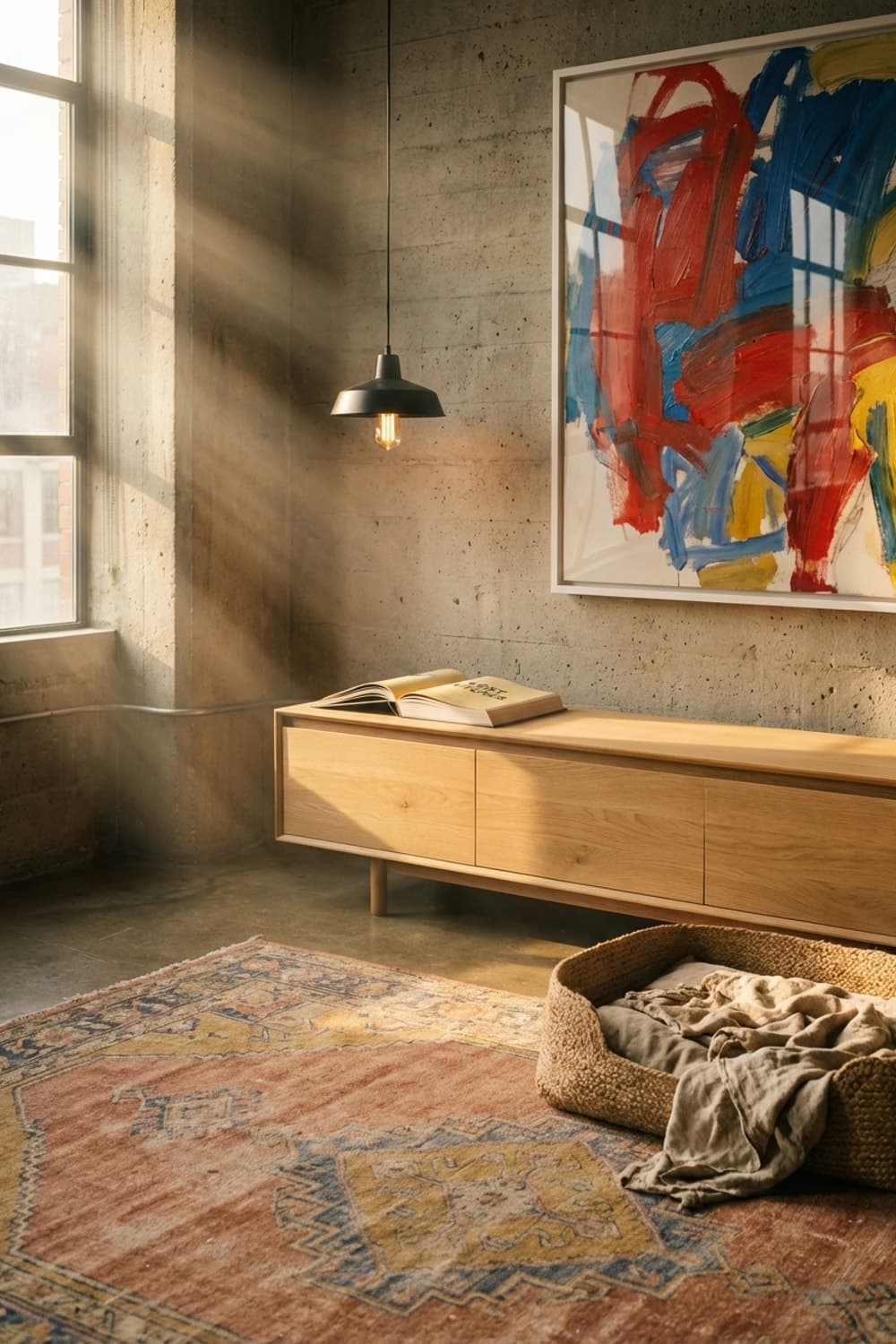 Sunbeam and the Waiting Word - living room, sunlight, wooden credenza, abstract art, woven rug - Room Inspiration