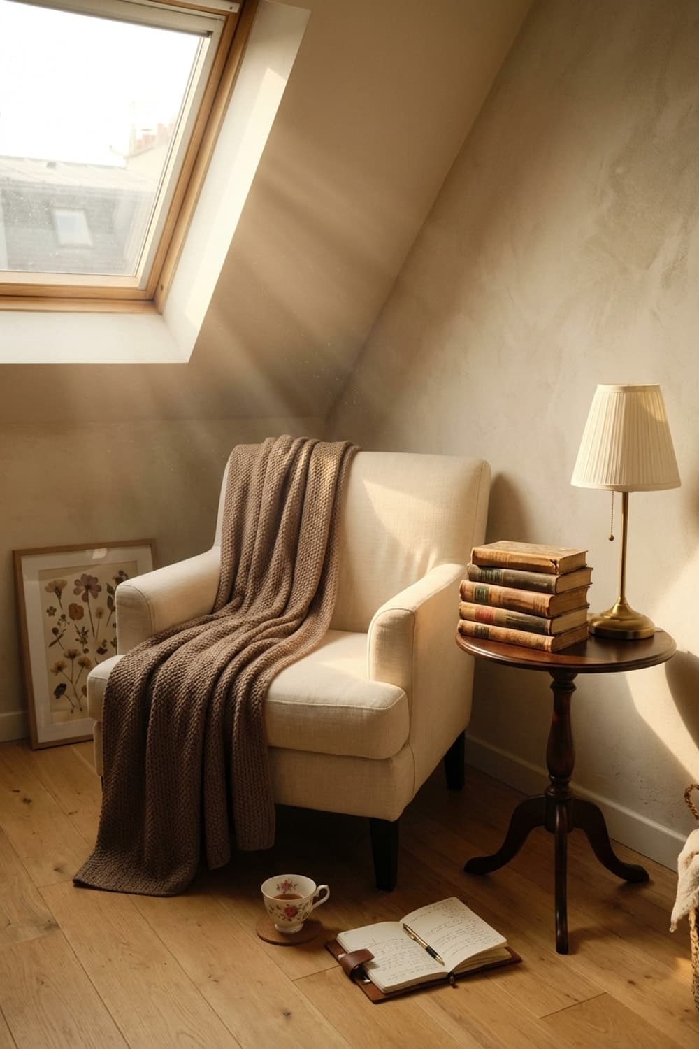 A Pocket of Afternoon Light - attic room, reading nook, beige, brown, armchair - Room Inspiration