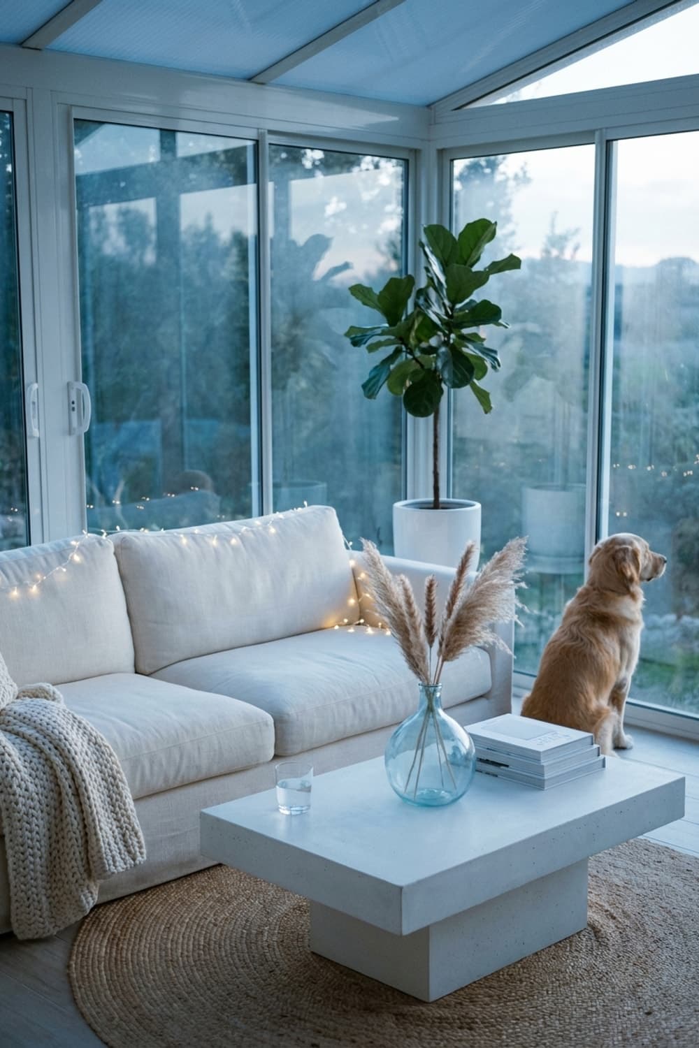 Waiting for Evening, Watching the Fog - sunroom, natural light, linen sofa, concrete coffee table, dog - Room Inspiration