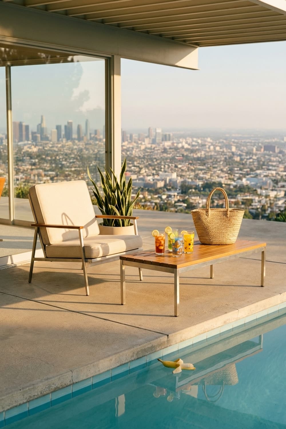 Skyline, Citrus, Stillness Ascending - poolside, outdoor patio, city view, cream, wood - Room Inspiration