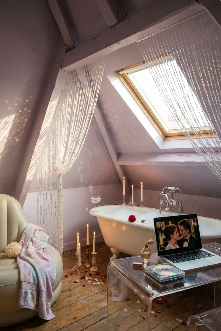 The Credits Rolled Hours Ago - attic bathroom, romantic, film night, lavender, bathtub - Room Inspiration