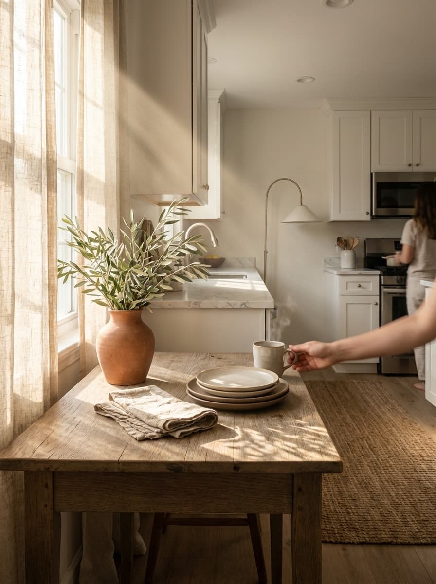 First Light, Steaming Cup - kitchen, breakfast, morning light, wooden table, linen - Room Inspiration