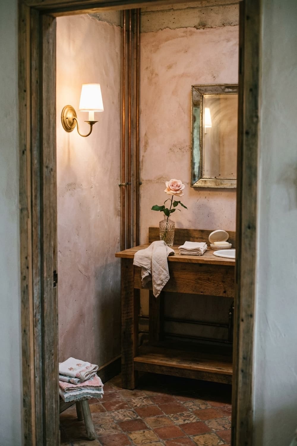 Last Light on Summer Rose - bathroom, rose, wooden vanity, linen towel, aged mirror - Room Inspiration