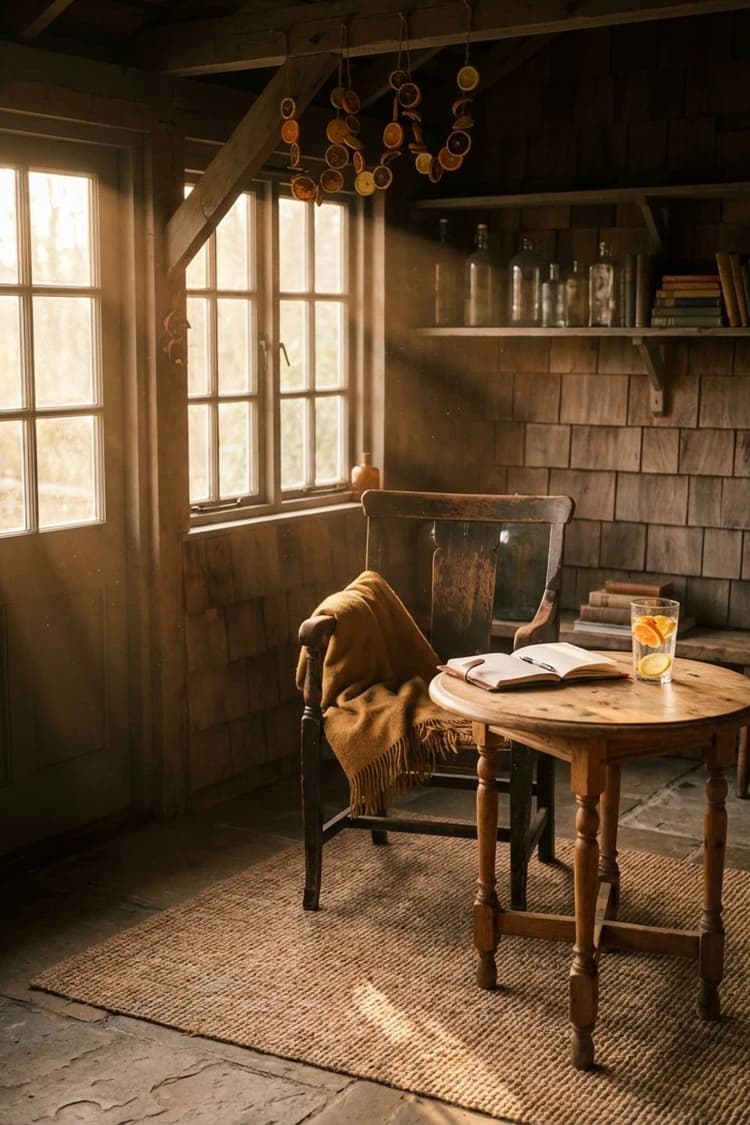 Ready for a slow morning? - reading nook, golden hour, warm light, brown, wood - Room Inspiration