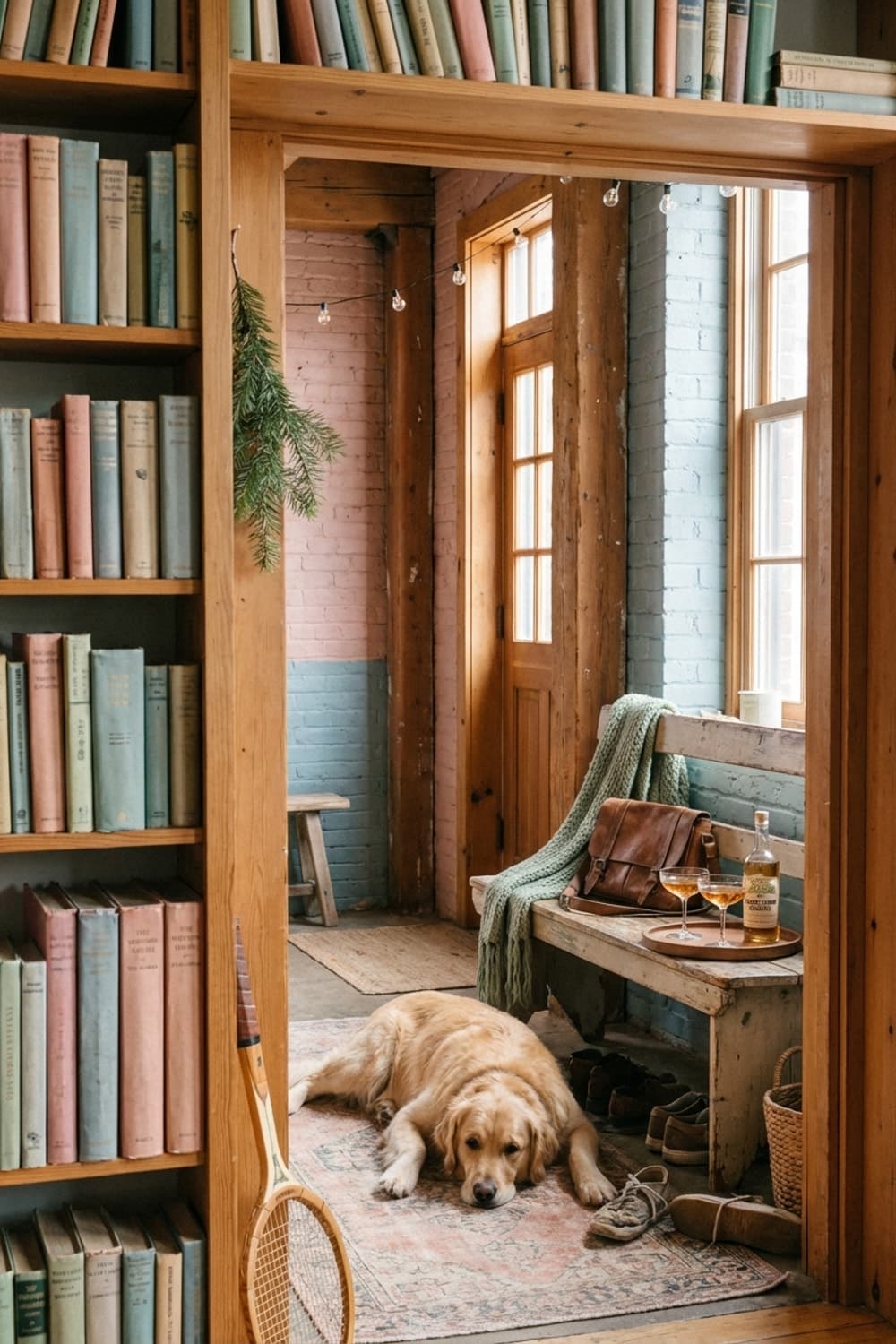 He Awaits the Next Game - entryway, pink, blue, natural wood, bookshelves - Room Inspiration