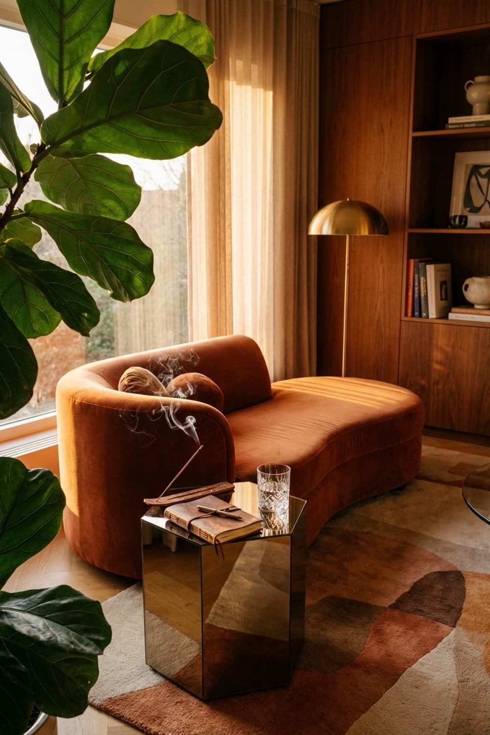 First Draft of a New Beginning - living room, rust, brown, green, gold - Room Inspiration