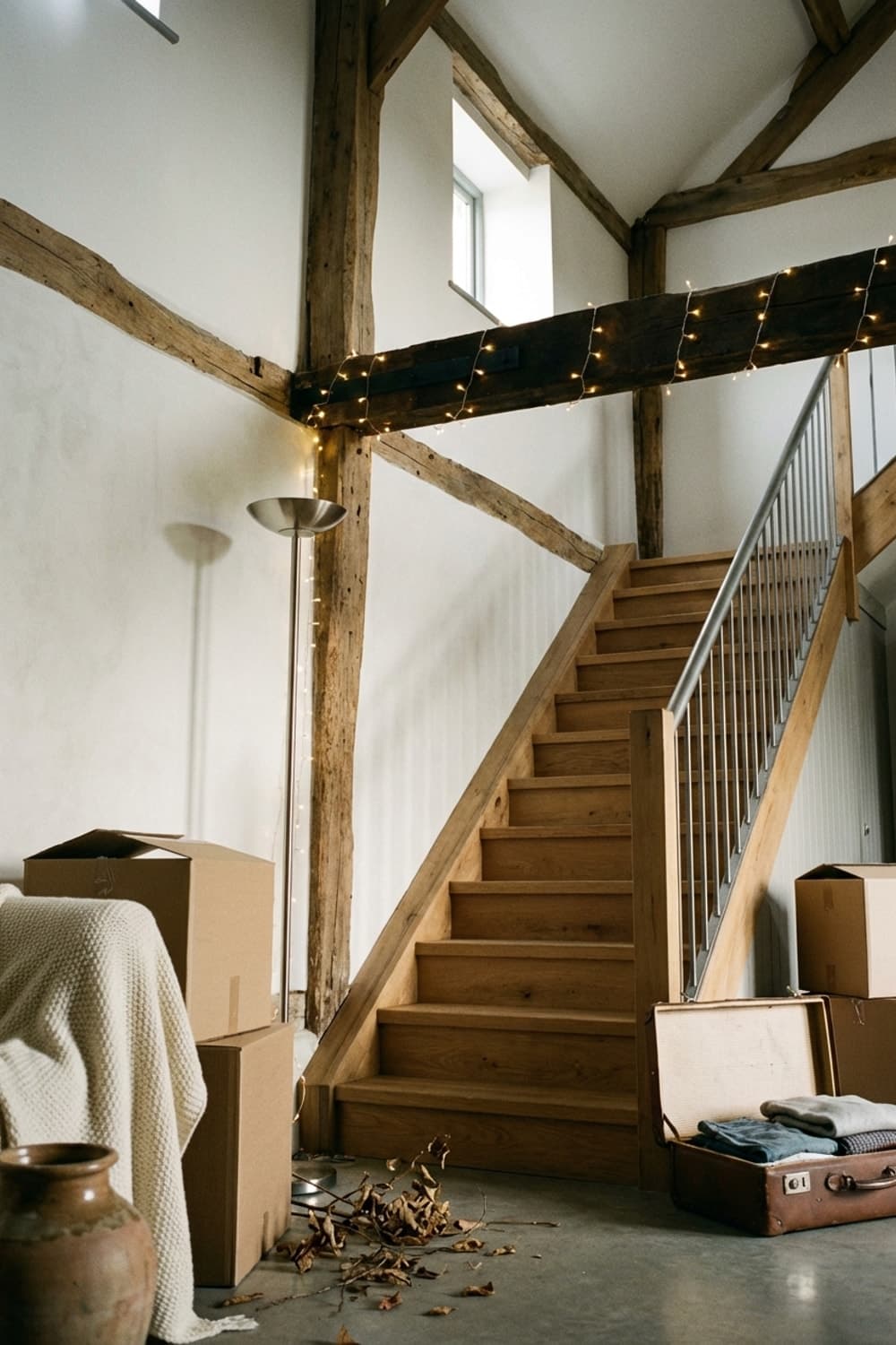 Untangling the Afterglow - entryway, stairs, wood, string lights, cardboard boxes - Room Inspiration