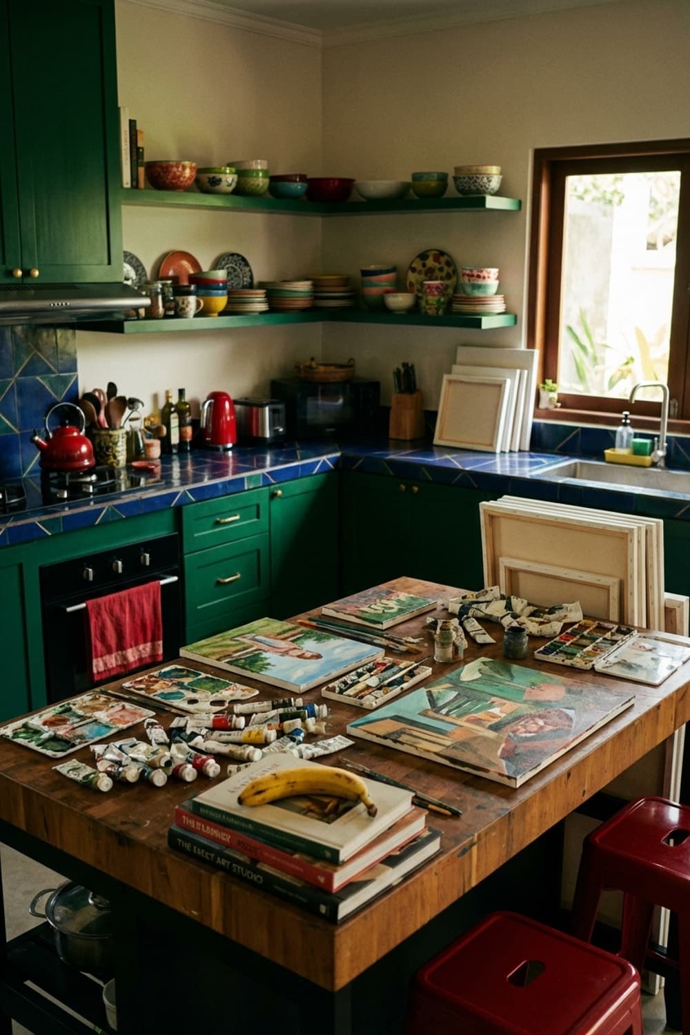 Wet Paint, Kitchen Light - kitchen studio, green, blue, wood table, artist space - Room Inspiration
