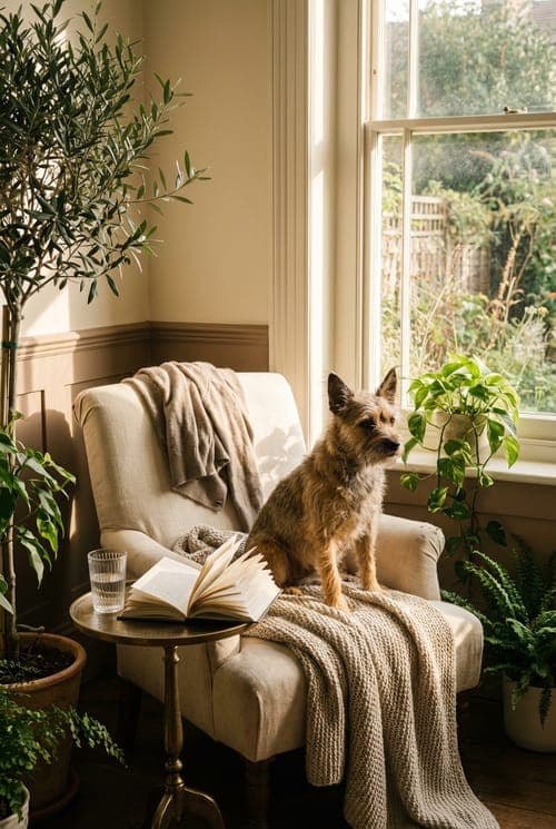 Sunbeam Seeker, Page Turner - living room, dog, armchair